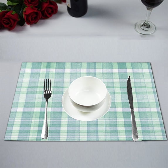 MKHERT Abstract Checked Pattern, Green Elegant Latticework Plaid Placemats Table Mats for Dining Room Kitchen Table Decoration 12x18 inch,Set of 6