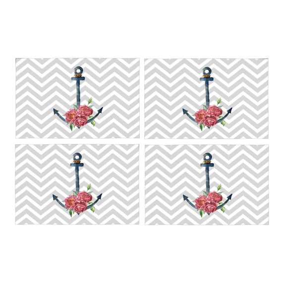 MKHERT Abstract Gray Chevron Zigzag Nautical Anchor and Rose Placemats Table Mats for Dining Room Kitchen Table Decoration 12x18 inch,Set of 4