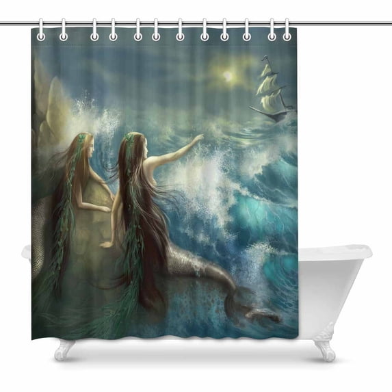MKHERT Abstract Hunting Two Mermaids in Stormy Ocean Decor Waterproof Polyester Fabric Shower Curtain Bathroom Sets 60x72 inch