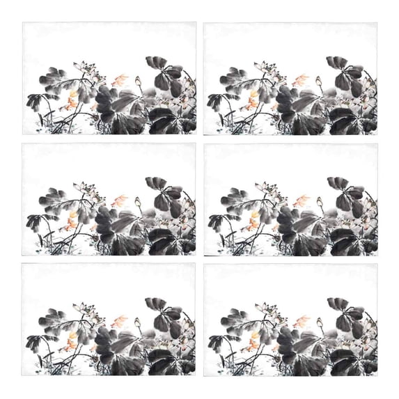 MKHERT Abstract Lotus Traditional Oriental Chinese Ink and Wash Painting Placemats Table Mats for Dining Room Kitchen Table Decoration 12x18 inch,Set of 6
