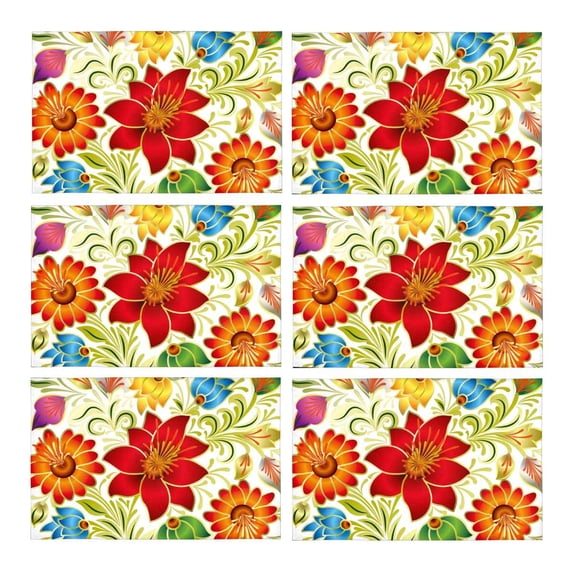 MKHERT Abstract Red Gold Ethnic Floral Ornament with Leaves Placemats Table Mats for Dining Room Kitchen Table Decoration 12x18 inch,Set of 6
