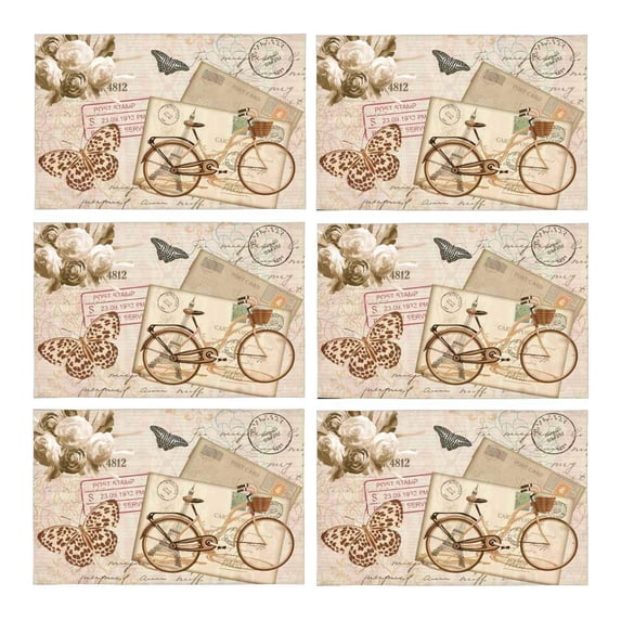 MKHERT Abstract Vintage Butterfly with Bicycle Art Placemats Table Mats for Dining Room Kitchen Table Decoration 12x18 inch,Set of 6