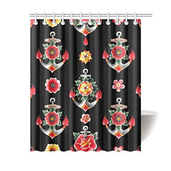 MKHERT Anchor With Floral Polyester Fabric Bathroom Shower Curtain 60x72 inch