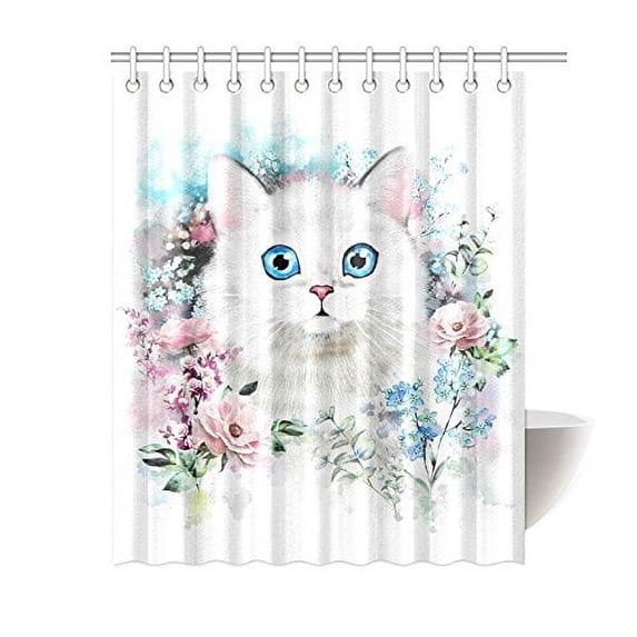 MKHERT Animal Home Decor Watercolor Cat Kitten and Flowers Waterproof Polyester Fabric Shower Curtain Bathroom Sets 60x72 inch
