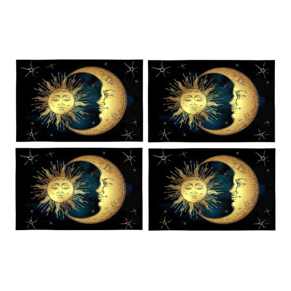 MKHERT Antique Boho Decor Golden Sun Moon and Stars Over Blue Sky Placemats Table Mats for Dining Room Kitchen Table Decoration 12x18 inch,Set of 4