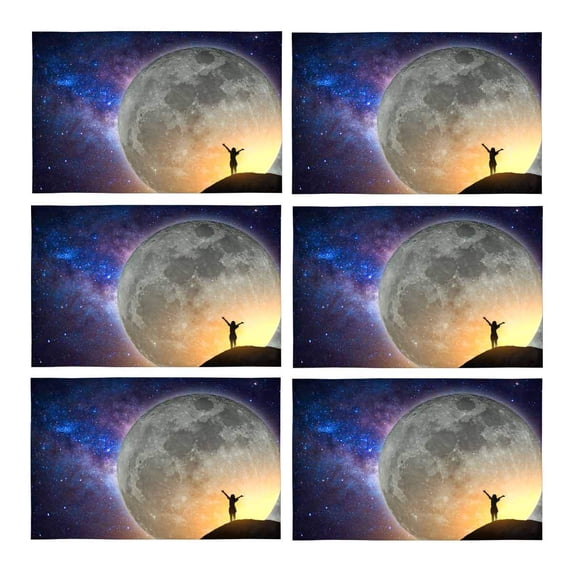 MKHERT Beautiful Big Full Moon Galaxy Space Exploration Placemats Table Mats for Dining Room Kitchen Table Decoration 12x18 inch,Set of 6