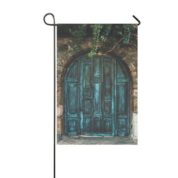 MKHERT Blue Wooden Door Garden Flag Banner Decorative Flag for Wedding Party Yard Home Outdoor Decor 12x18 inch