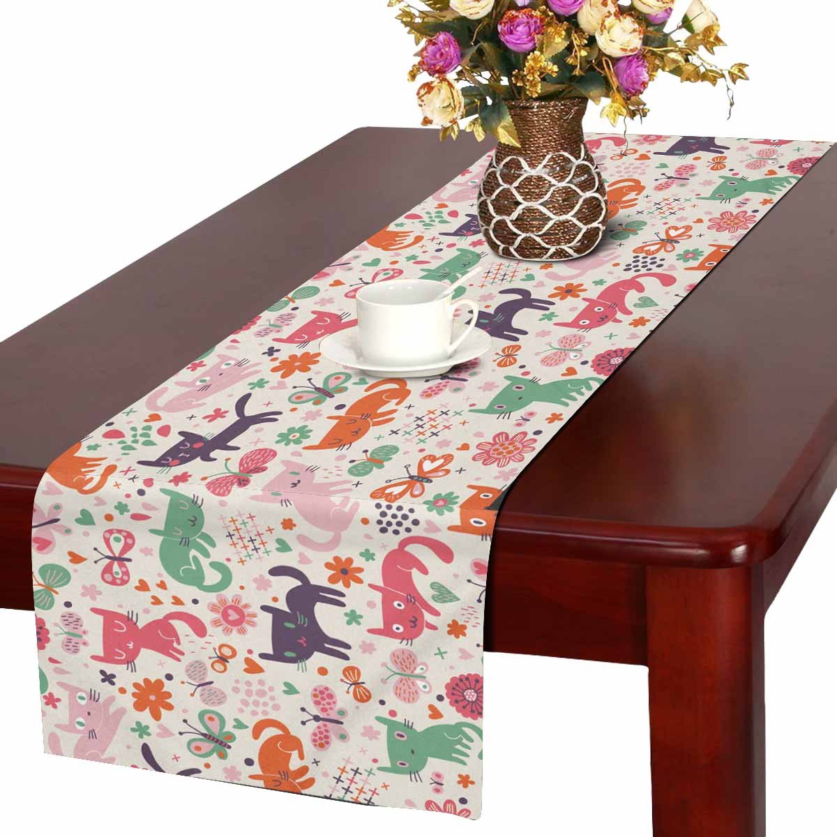 MKHERT Cartoon Cat Table Runner, Floral Butterfly Table Cloth Runner ...