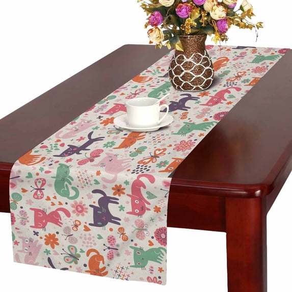 MKHERT Cartoon Cat Table Runner, Floral Butterfly Table Cloth Runner for Wedding Party Banquet Decoration 16x72 inch
