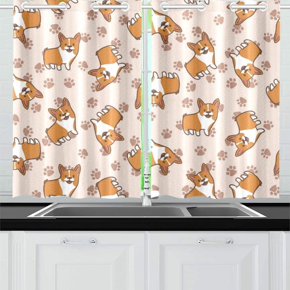 MKHERT Cartoon Corgis Window Curtain Kitchen Curtain 26x39 inch,Two Piece