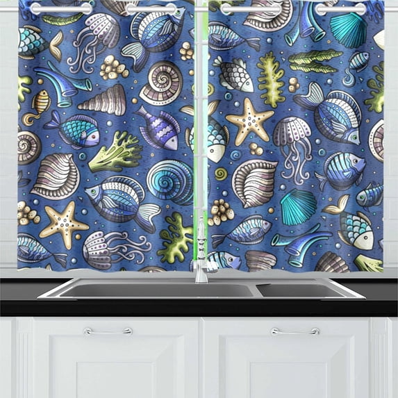 MKHERT Cartoon Underwater Life Window Curtains Kitchen Curtain Room Bedroom Drapes Curtains 26x39 inch, 2 Piece
