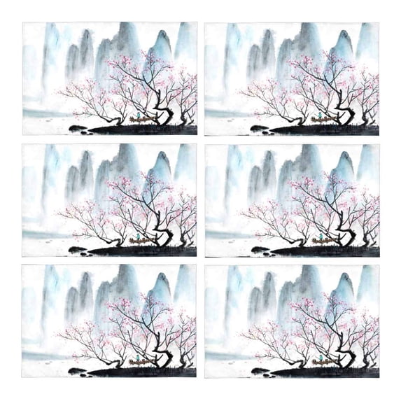 MKHERT Chinese Landscape Ink-Wash Painting Plum Blossom Boat River Placemats Table Mats for Dining Room Kitchen Table Decoration 12x18 inch,Set of 6