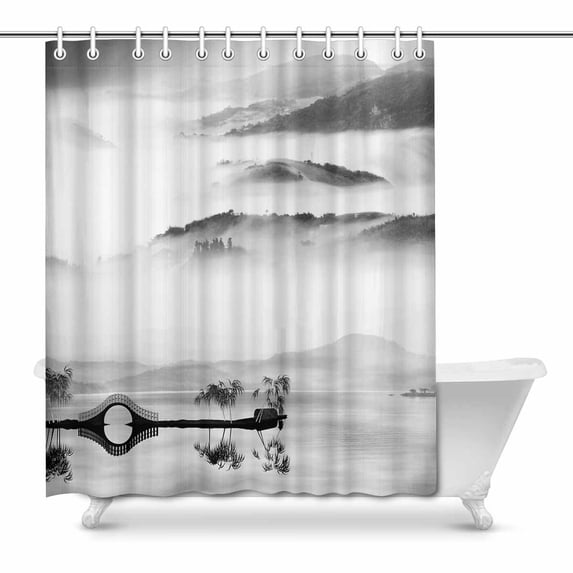 MKHERT Chinese Traditional Landscape Ink Painting Black and White Home Decor Waterproof Polyester Bathroom Shower Curtain Bath 66x72 inch
