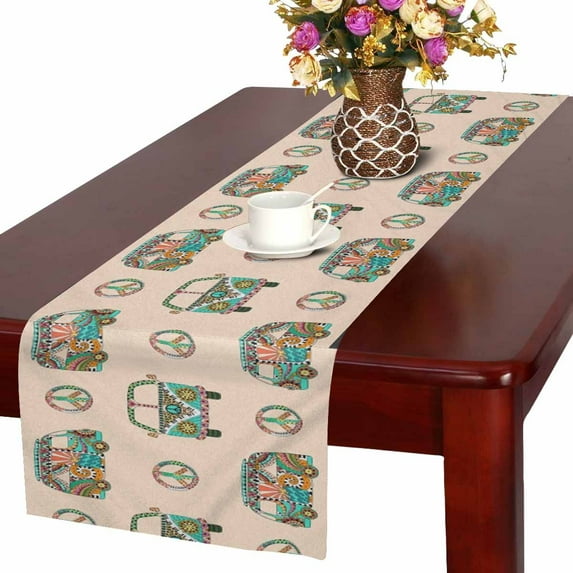 MKHERT Colorful Hippy Ornamental Camper Bus with Peace Sign Table Runner Home Decor for Home Kitchen Dining Wedding Party 16x72 Inch
