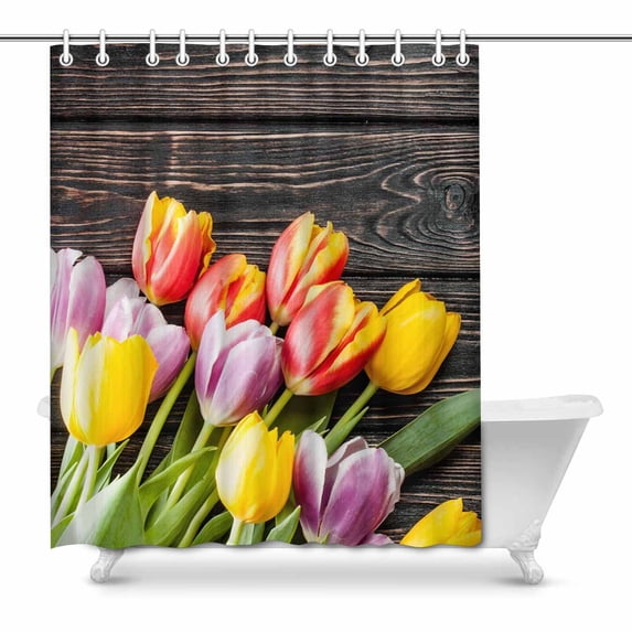 MKHERT Colorful Tulip Flowers on Vintage Wooden Table Home Decor Waterproof Polyester Fabric Shower Curtain Bathroom Sets 66x72 inch