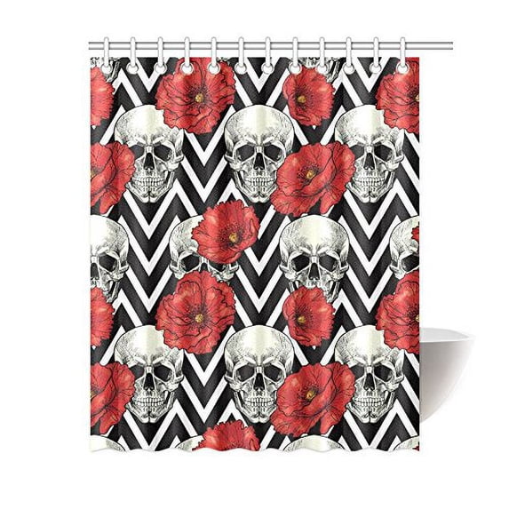 MKHERT Cool Skull and Red Poppies Art Waterproof Shower Curtain Decor Fabric Bathroom Set 60x72 inch