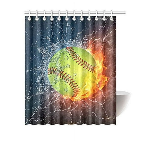 MKHERT Cool Softball Ball in Fire and Water Decor Waterproof Polyester Fabric Shower Curtain Bathroom Sets 60x72 inch