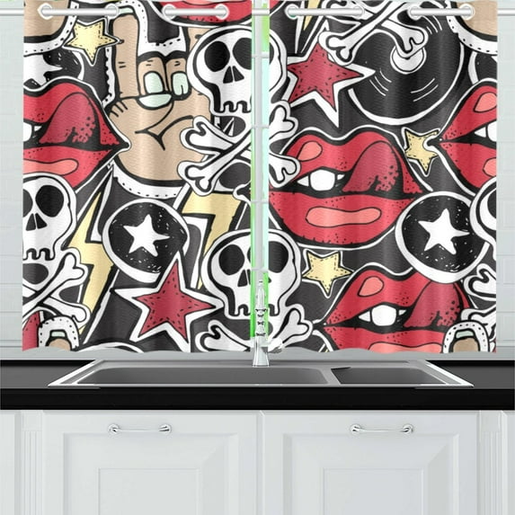 MKHERT Crazy Punk Rock Skull Window Curtains Kitchen Curtain Room Bedroom Drapes Curtains 26x39 inch, 2 Piece