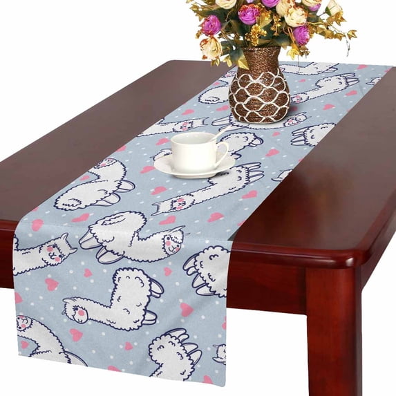 MKHERT Cute Alpaca Table Runner, Pink Heart Table Cloth Runner for Wedding Party Banquet Decoration 16x72 inch