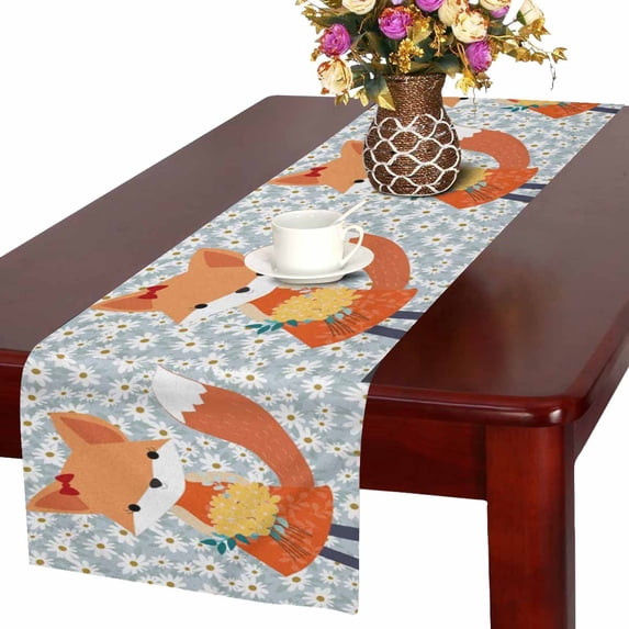 MKHERT Cute Baby Fox in Spring Summer Daisy Flower Table Runner Home Decor for Home Kitchen Wedding Party Banquet Decoration 16x72 Inch