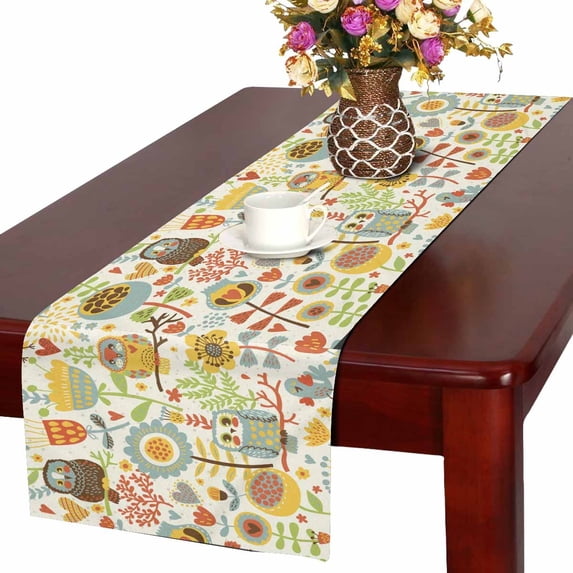 MKHERT Cute Owl Table Runner, Cartoon Floral Table Cloth Runner for Wedding Party Banquet Decoration 14x72 inch