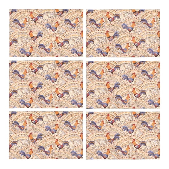 MKHERT Cute Roosters Chickens in Beige Floral Ornament Placemats Table Mats for Dining Room Kitchen Table Decoration 12x18 inch,Set of 6