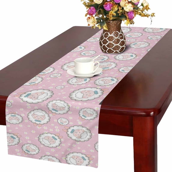 MKHERT Cute Sheep on Pink Background with Chamomile Flowers Table Runner Home Decor for Home Kitchen Dining Wedding Party 16x72 Inch