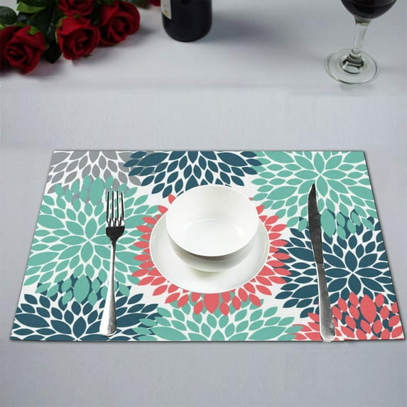 MKHERT Dahlia Pinnata Flower Teal Coral Gray Placemats Table Mats for Dining Room Kitchen Table Decoration 12x18 inch,Set of 6