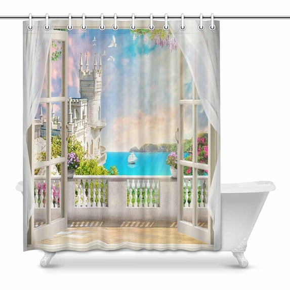 MKHERT Digital Mural Beautiful View of Castle Sea Sailboat and Flowers Home Decor Waterproof Polyester Bathroom Shower Curtain Bath Decorations 60x72 inch