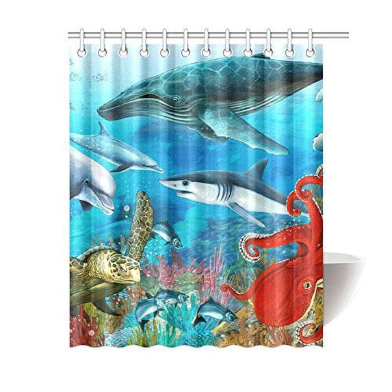 MKHERT Dolphins Sea Turtle Shark Octopus Coral Reef Home Decor Sea Animal Waterproof Polyester Fabric Shower Curtain Bathroom Sets 60x72 inch