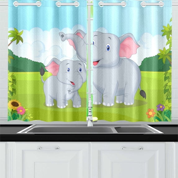 MKHERT Elephant Window Curtain Kitchen Curtains Window Treatments 26x39 inch,Set of 2