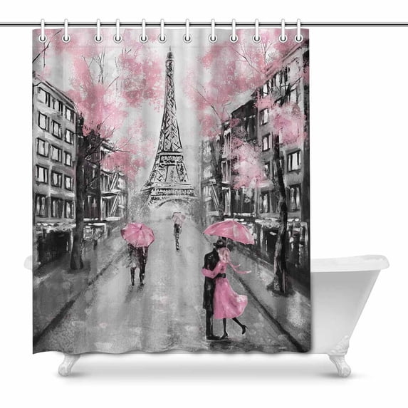 MKHERT European City Landscape France Paris Eiffel Tower Couple Under an Umbrella Decor Waterproof Polyester Bathroom Shower Curtain Bath 66x72 inch