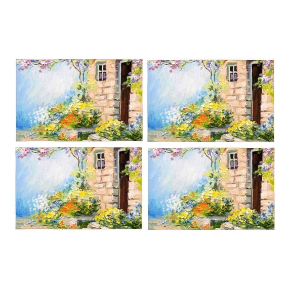 MKHERT European Landscape Painting Summer Colorful Flowers in Garden Placemats Table Mats for Dining Room Kitchen Table Decoration 12x18 inch,Set of 4
