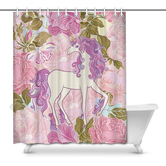 MKHERT Fairytale Unicorn with Multicolored Mane Butterfly and Flowers Home Decor Waterproof Polyester Bathroom Shower Curtain Bath Decorations 66x72 inch