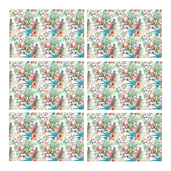 MKHERT Flamingos Bird with Palm Leaves and Hawaiian Hibiscus Flowers Placemats Table Mats for Dining Room Kitchen Table Decoration 12x18 inch,Set of 6