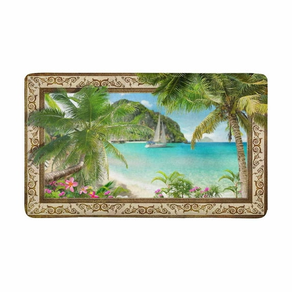 MKHERT Frame with Tropical Palm Trees Sailboat and Pulmeria Flowers Doormat Rug Home Decor Floor Mat Bath Mat 30x18 inch