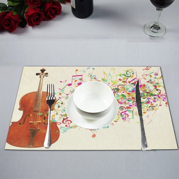 MKHERT Funny A Cello Instrument with Colorful Music Notes Placemats Table Mats for Dining Room Kitchen Table Decoration 12x18 inch,Set of 4