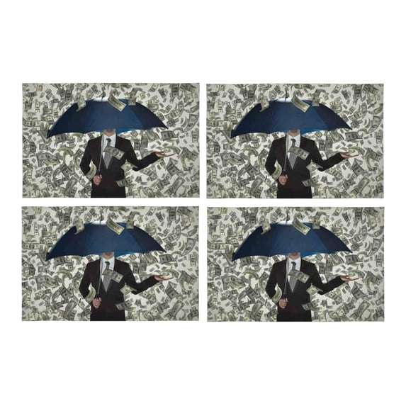 MKHERT Funny Businessman in The Rain of Money I Do Not See Any Crisis Placemats Table Mats for Dining Room Kitchen Table Decoration 12x18 inch,Set of 4