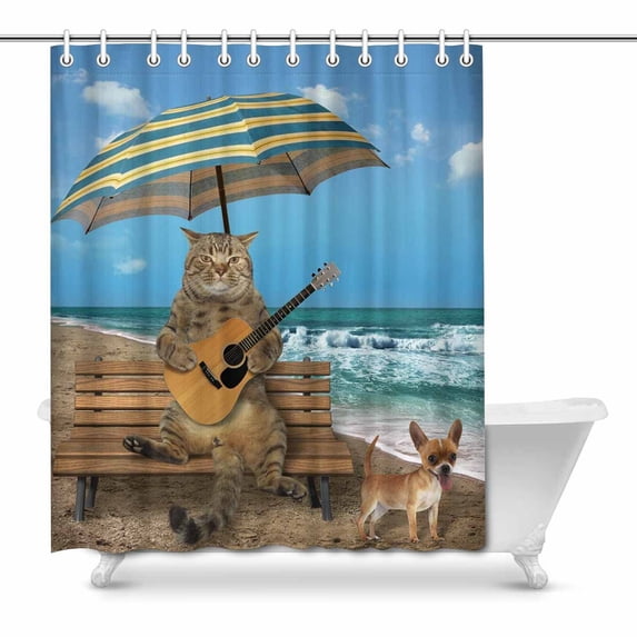 MKHERT Funny Cat with a Guitar and His Dog on Beach Decor Waterproof Polyester Bathroom Shower Curtain Bath 66x72 inch