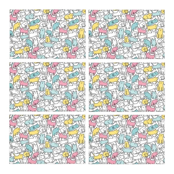 MKHERT Funny Cats Cute Doodle Animals Placemats Table Mats for Dining Room Kitchen Table Decoration 12x18 inch,Set of 6