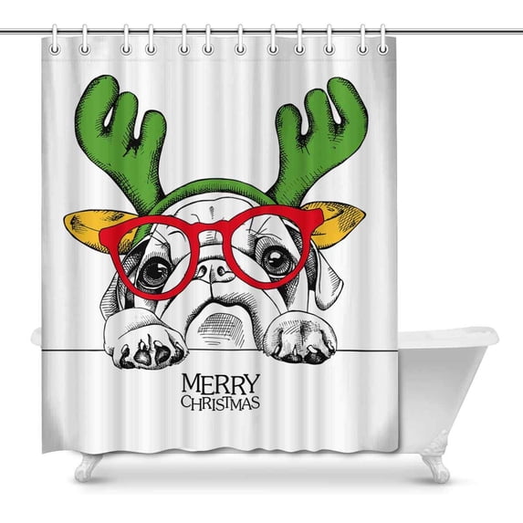 MKHERT Funny Christmas Pug Dog in Mask Santa's Antler Reindeer Glasses Home Decor Waterproof Polyester Fabric Shower Curtain Bathroom Sets Hooks 66x72 inch
