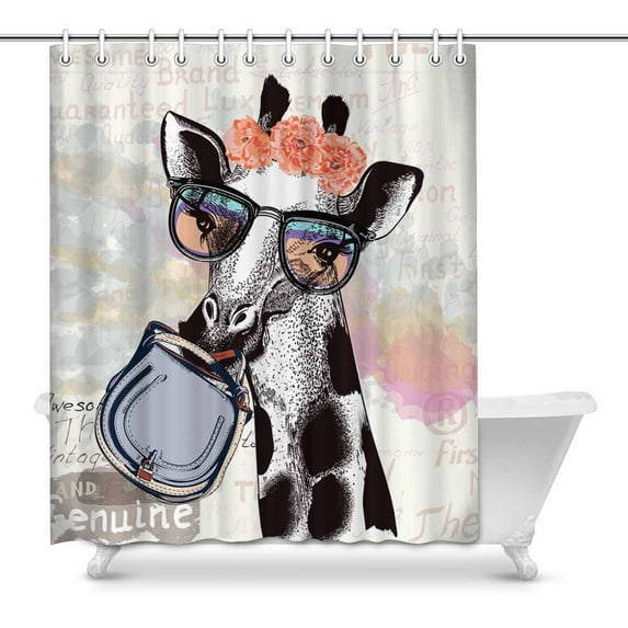 MKHERT Funny Fashion Giraffe in Hipster Glasses Holding Female Bag Waterproof Polyester Fabric Shower Curtain Bathroom Sets 60x72 inch