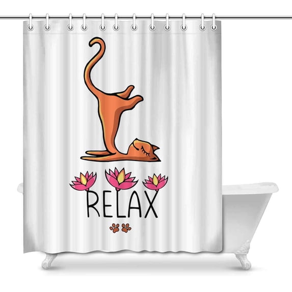 MKHERT Funny Ginger Yoga Cat with Pink Lotuses Decor Waterproof Polyester Bathroom Shower Curtain Bath Decorations 66x72 inch