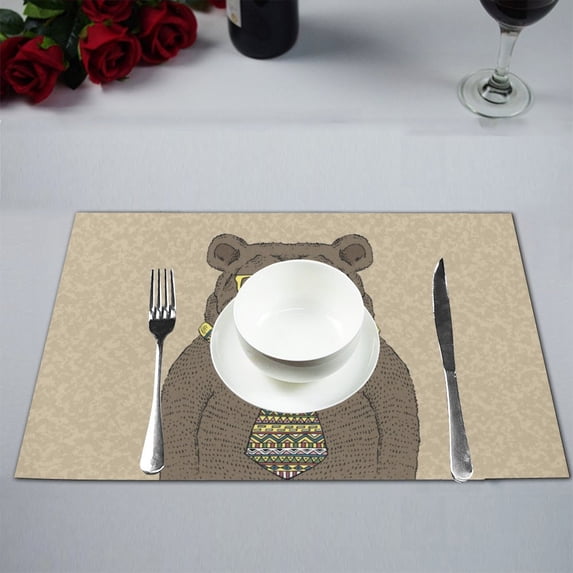 MKHERT Funny Hipster Bear in Tie and Glasses with Mustache Placemats Table Mats for Dining Room Kitchen Table Decoration 12x18 inch,Set of 4