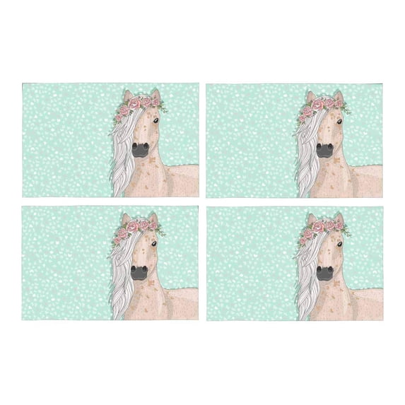 MKHERT Funny Horse with Flowers Fairytale Placemats Table Mats for Dining Room Kitchen Table Decoration 12x18 inch,Set of 4