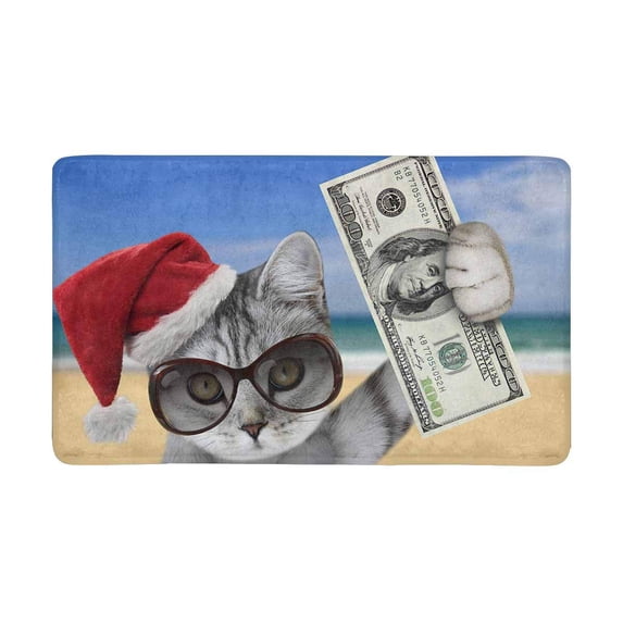 MKHERT Funny Kitten Cat in Santa Claus Hat with US Dollar Money Doormat Rug Home Decor Floor Mat Bath Mat 30x18 inch