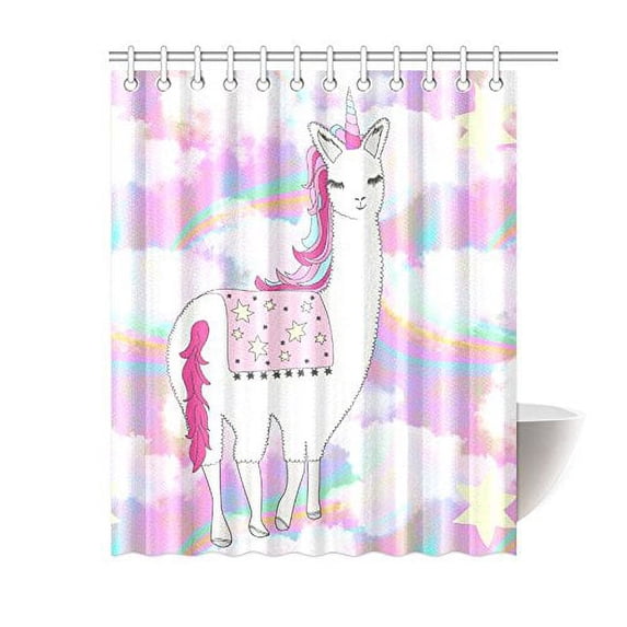 MKHERT Funny Pink Llama with Unicorn Horns Galaxy Pattern Waterproof Polyester Fabric Shower Curtain Bathroom Sets 60x72 inch