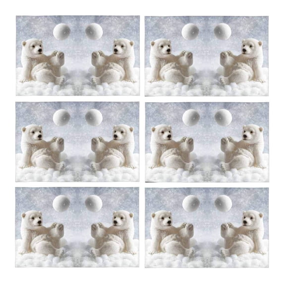 MKHERT Funny Polar Bear Playing Snowball Cute Animal Placemats Table Mats for Dining Room Kitchen Table Decoration 12x18 inch,Set of 6