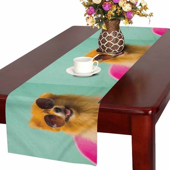 MKHERT Funny Pomeranian Puppy Dog Wearing Sunglasses Table Runner Home Decor for Wedding Banquet Decoration 16x72 Inch
