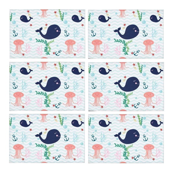 MKHERT Funny Whale Jelly Fish Sea Anchor In Blue Stripes Ocean Waves Placemats Table Mats for Dining Room Kitchen Table Decoration 12x18 inch,Set of 6